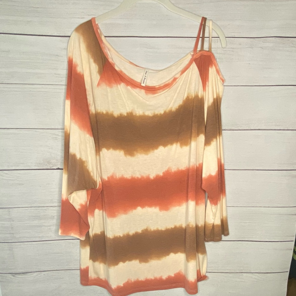Burnt Orange and tan stripped cold shoulder top